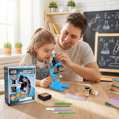 fillette papa observant avec microscope pour enfants bleu