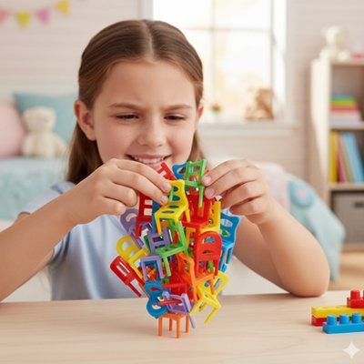 Jeux de société enfant fille jouant aux chaises empilables multicolores