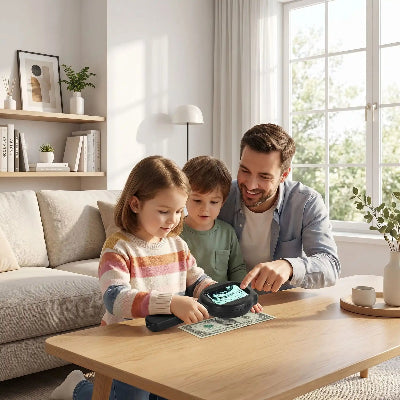 Enfants papa examinant billet avec Microscope loupe numérique