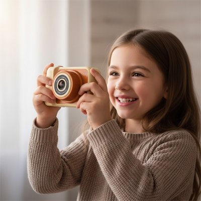 Appareil photo enfant uti:isé par une fillette heureuse