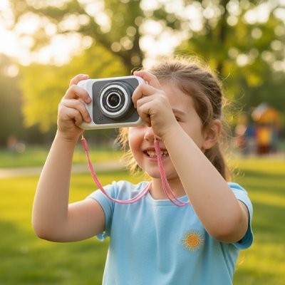 Appareil photo enfant uti:isé par une fillette souriante