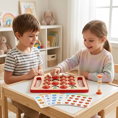Deux enfants jouant au Jeu de memoire échec animalier