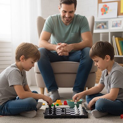 Deux enfants jouant jeu échec papa admirant