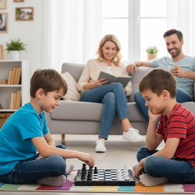 Deux enfants jouant jeu échec parents admirant