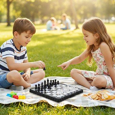Deux enfants jouant jeu échec sur l'herbe