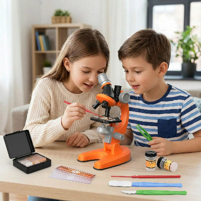 deux enfants observant avec microscope pour enfants orange