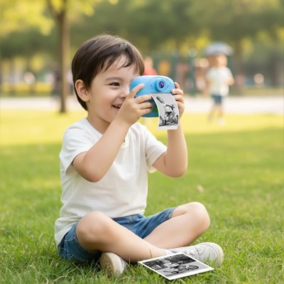 Enfant assise sur l'herbe avec Appareil photo enfant 
