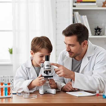 Enfant et adulte examinant avec Microscope enfant