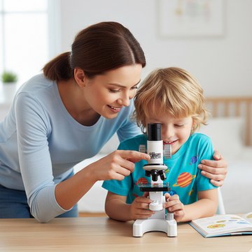 Enfant et maman examinant avec Microscope enfant