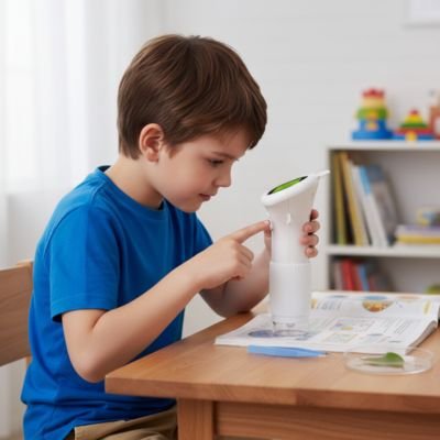 Enfant examinant livre avec Microscope enfant