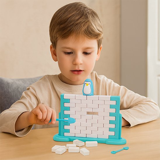 Enfant jouant avec briques emboîtables figurine pingouin