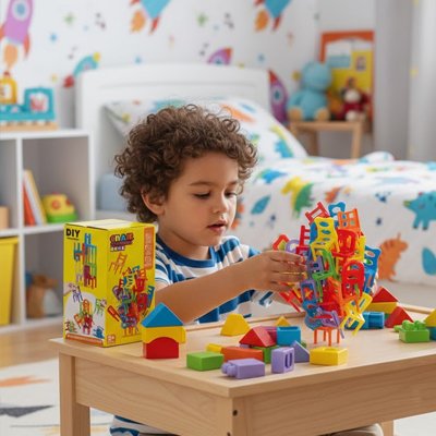Enfant jouant avec chaises empilable