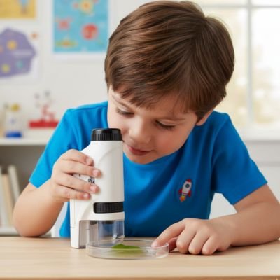 Enfant observant avec Microscope enfant sur base transparente 