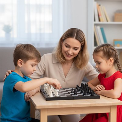 Enfants jouant au jeu d'échec maman souriante