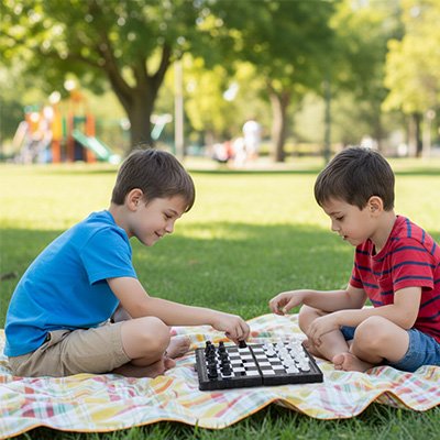 Enfants jouant jeu d'échec sur l'herbe