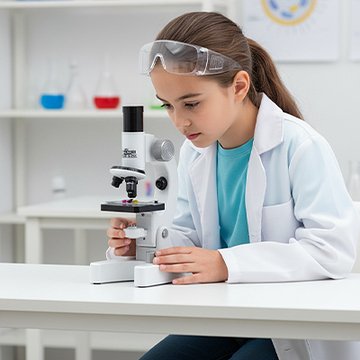 Fille à blouse blanche examinant avec Microscope enfant