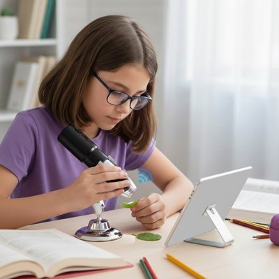 Fille examinant avec Microscope portable enfant 