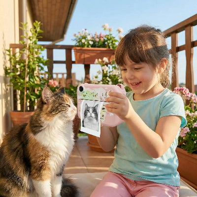 fillette et chat avec appareil photo instantané enfant
