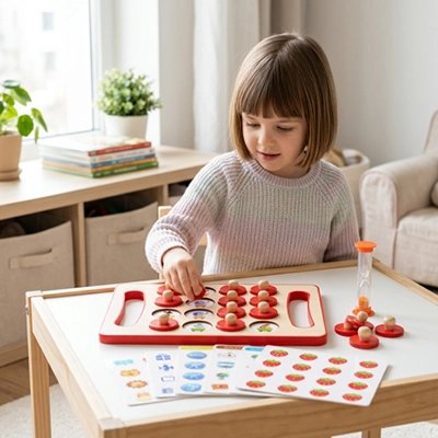 Fillette jouant au Jeu de memoire échec animalier