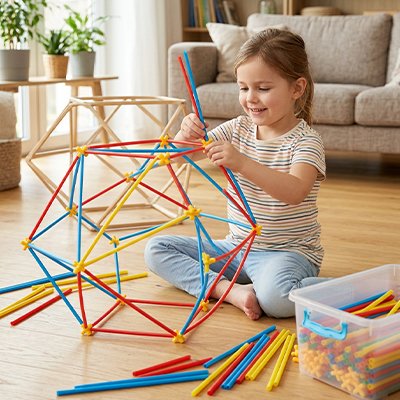 Fillette jouant aux Jeux de construction en paille