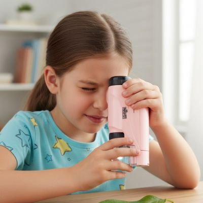 Fillette observant feuille verte avec Microscope enfant