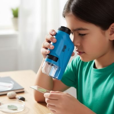 Fillette observant sur lame avec Microscope enfant