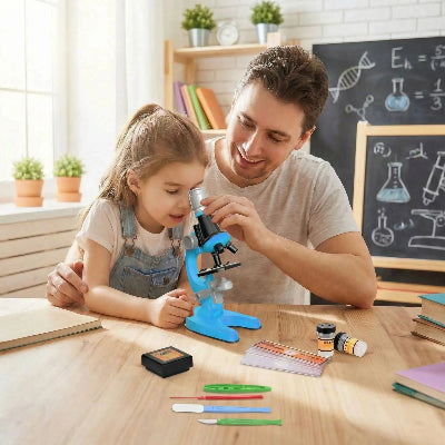 fillette papa utilisant microscope pour enfants bleu
