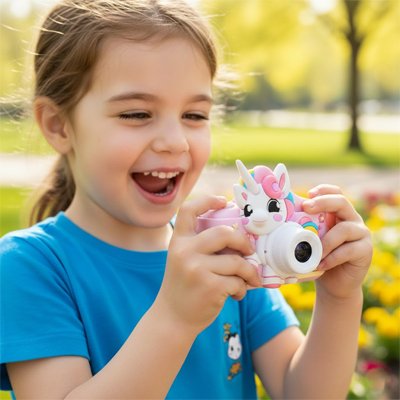 Fillette souriante avec Appareil photo licorne pour enfant 