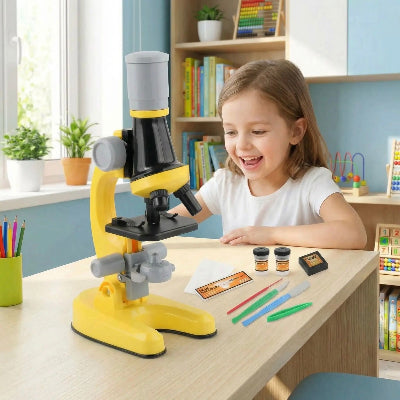 fillette souriante avec microscope pour enfants jaune