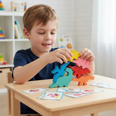Garçon jouant jeu d'équilibre empilement