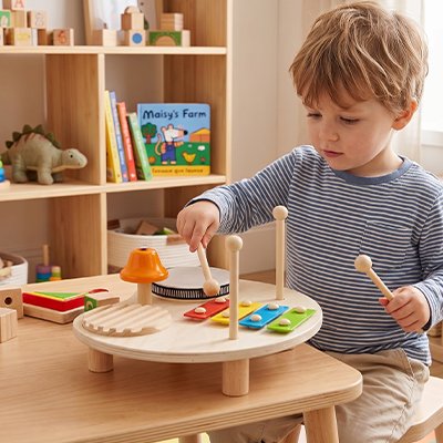 Instrument musique bebe enfant jouant au tambour et xylophone
