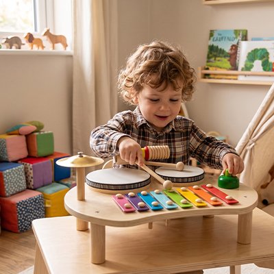Instrument musique bebe heureux avec maillets tambour et xylophone