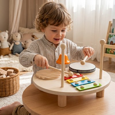 Instrument musique bebe jouant avec maillets au tambour et xylophone