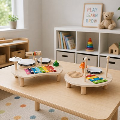 Instrument musique bebe tambours xylophones sur table deux modèles