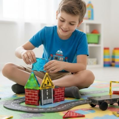 Jeu de construction magnétique enfant assemblant pièces colorées