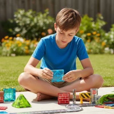 Jeu de construction magnétique enfant faisant montage