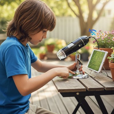 Jeune enfant examinant avec Microscope portable enfant 