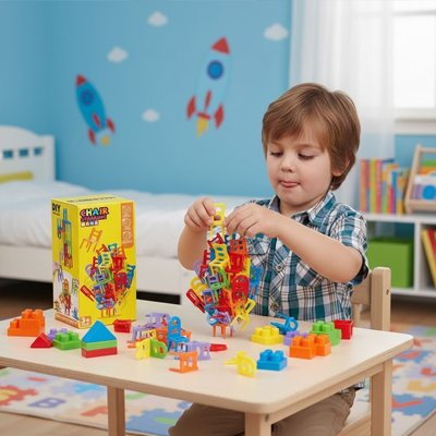 Jeune enfant jouant avec chaises empilable