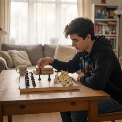 Jeune homme jouant au Plateau de jeu d'échec 