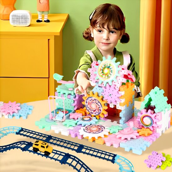 Jeux de construction à engrenages colorés fillette heureuse