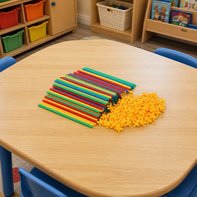 Jeux de construction paille colorés posé sur table