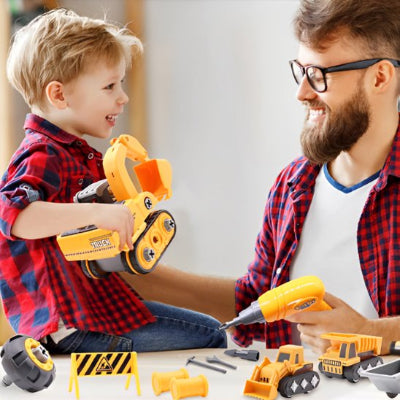 papa fils construisant jeu de construction vehicule ingenerie