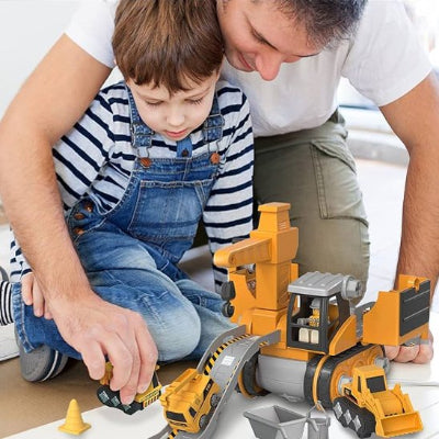 papa fils jouant jeu de construction véhicule d'ingénierie