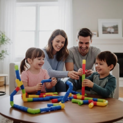 parents enfants jouant aux jeux de constructions tubulaire
