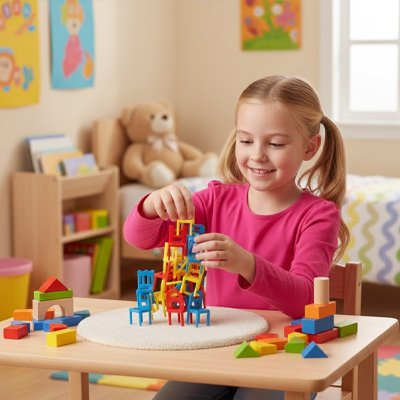 Petite fille jouant avec chaises empilables