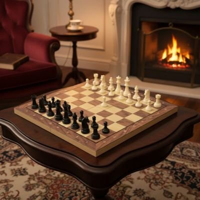 Plateau de jeu d'échec sur table devant cheminée