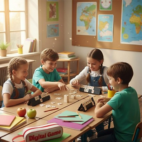 Quatre enfants jouant Jeux de société cube rami