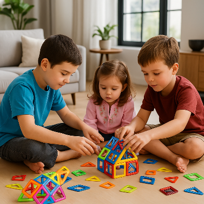 trois enfants jouant au jeu de construction magnetique